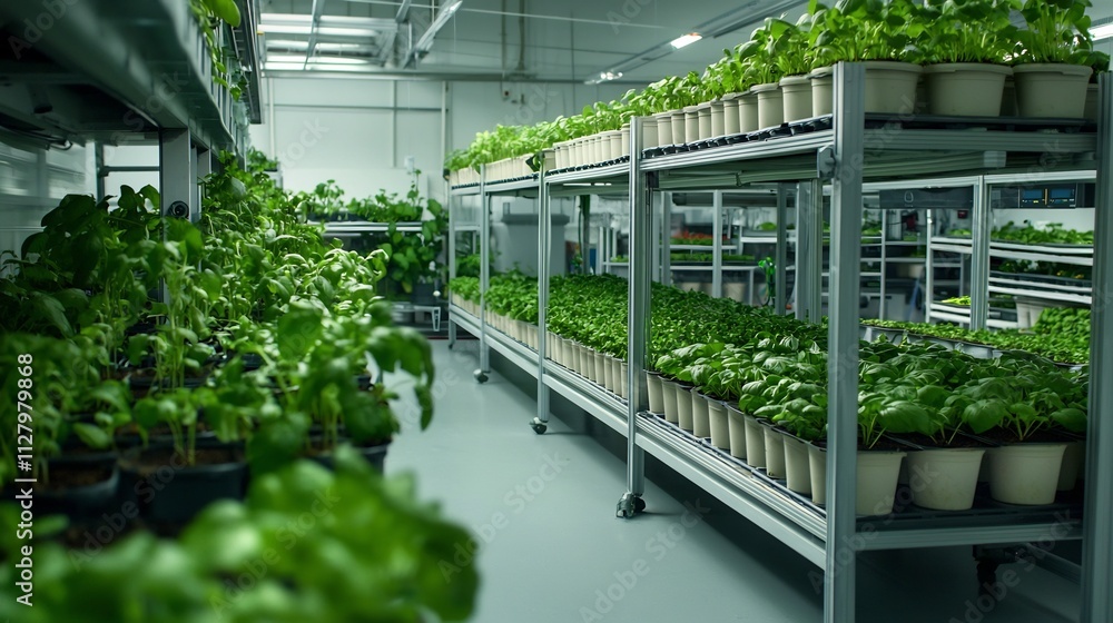 Poster futuristic aquaponics system combining fish tanks and hydroponic crops linked to a real time monitor