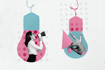 Sketch poster trend art collage of businesswoman scream megaphone inside light bulb idea finding...