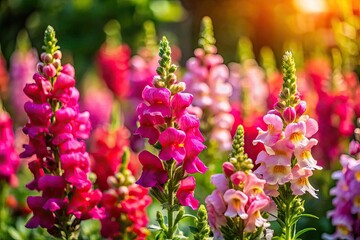 Obraz premium Aerial drone view: vibrant pink and purple snapdragons (Antirrhinum majus) bloom amidst lush green foliage.