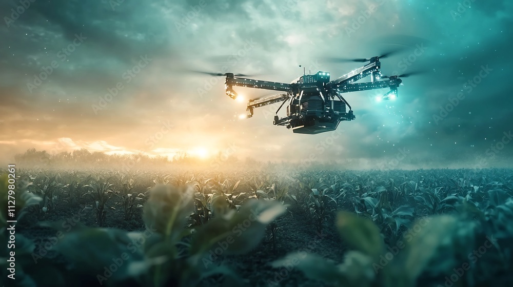 Poster robotic harvesting system integrated into a futuristic ai driven agricultural network visualized wit