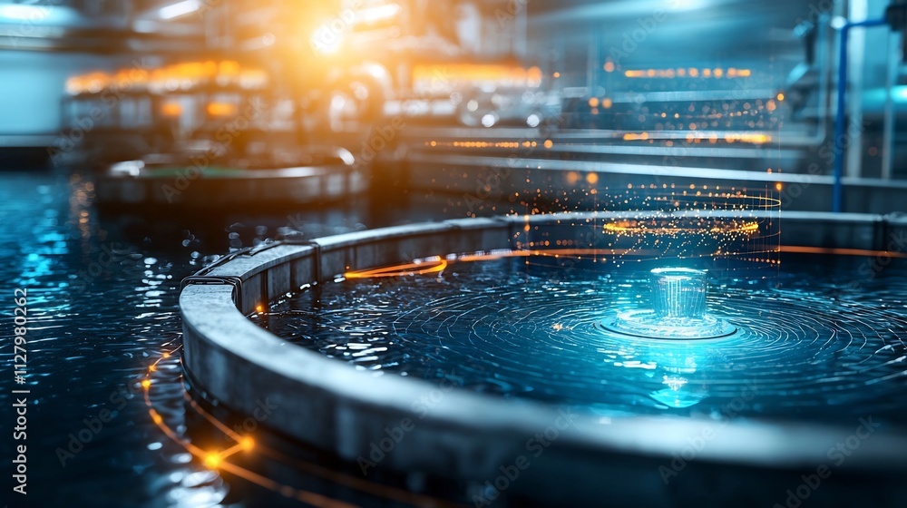 Poster futuristic aquaculture pond with automated feeding systems and a smart monitoring network visualized