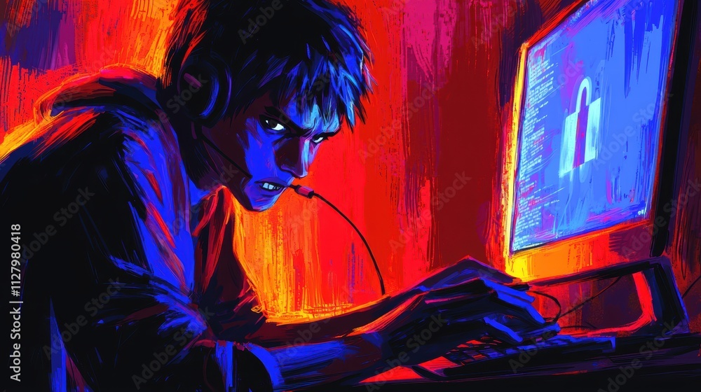Poster intense hacker working on computer in neon colorful atmosphere