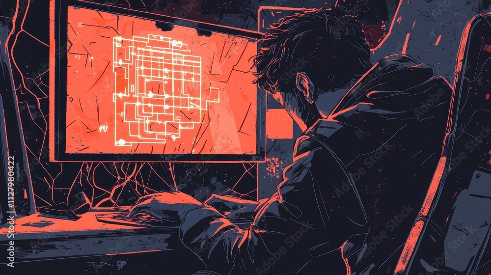 Poster person working on computer with abstract digital design elements
