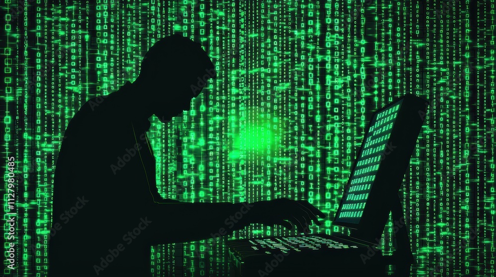 Poster silhouette of a person typing in front of green binary code background
