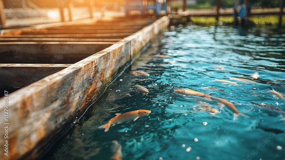 Poster robotic fish feeder operating in a modern aquaculture pond transmitting real time data to a digital 