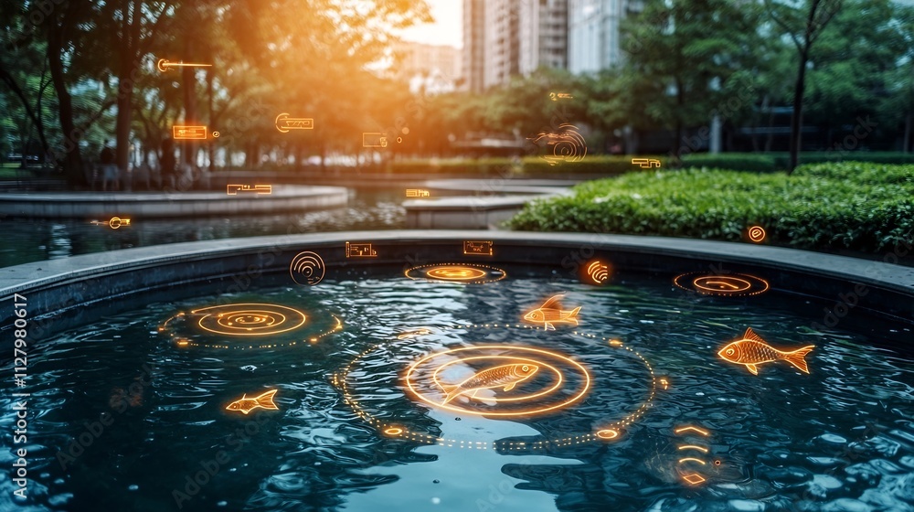 Poster photograph of a large serene fish pond surrounded by an array of smart water sensors integrated into