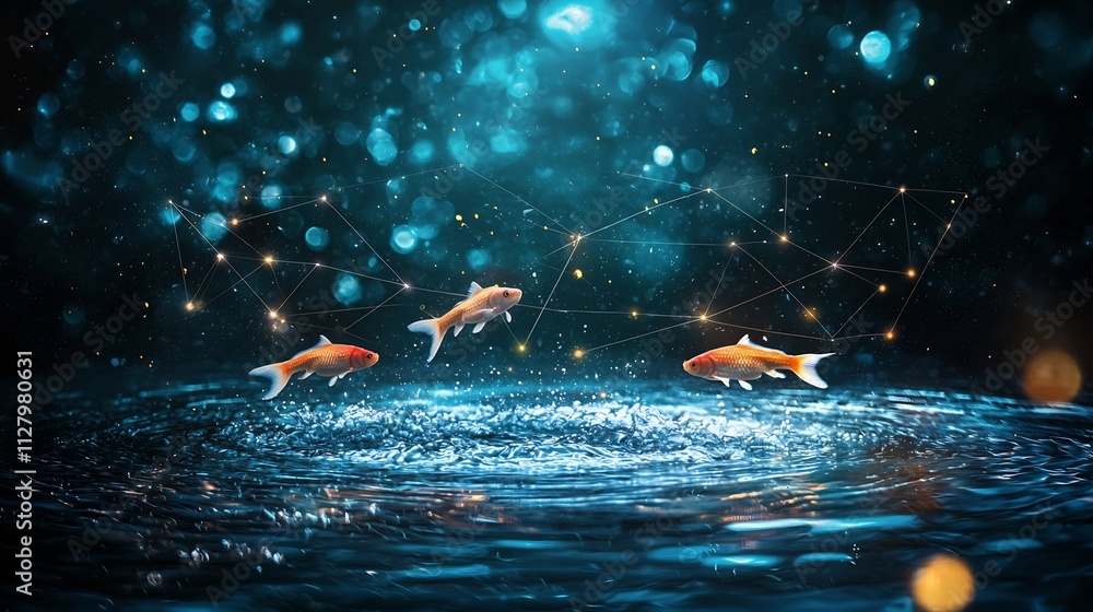 Poster a photograph showcasing a large fish pond surrounded by an array of smart water sensors all integrat