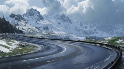 Naklejka premium Mountain highway with winding curves, snowy peaks in the distance, cloudy sky, midday light