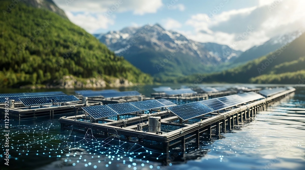 Poster aerial view of a fish farming area with floating solar panels powering a network of sensors and equi