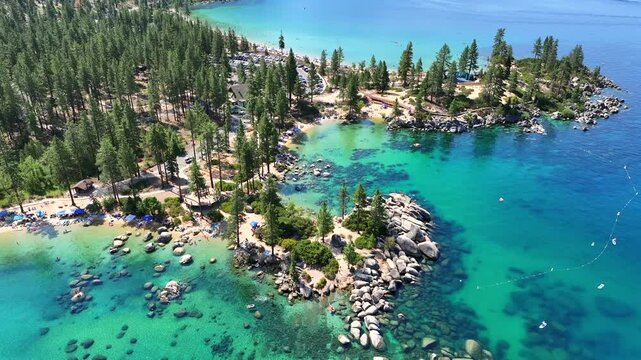 Lake Tahoe - Aerial Flyover Over San Harbor Cover in Summer