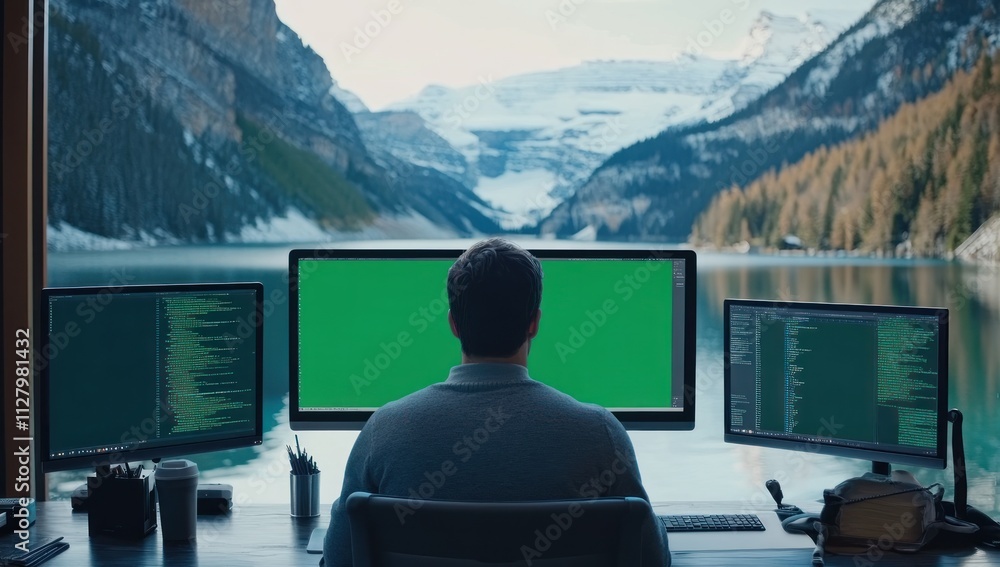 Poster man coding at desk overlooking scenic mountain lake.