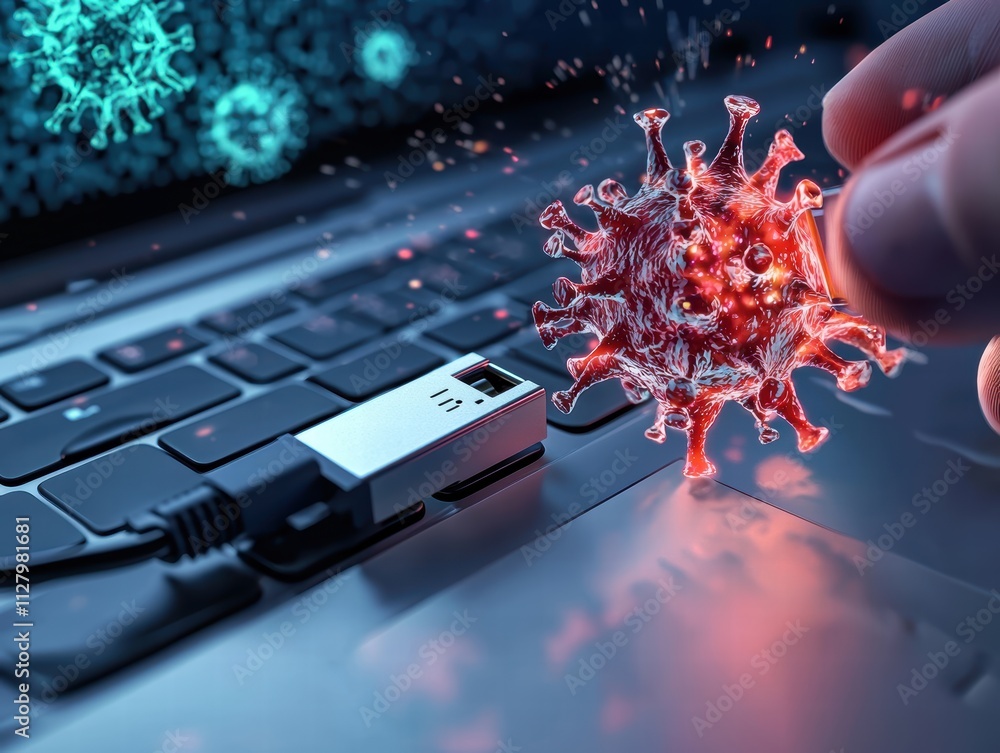 Poster digital virus concept emerging from computer with usb connection