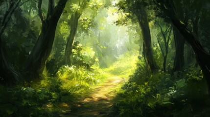 Obraz premium Lush green forest with a narrow path, dappled sunlight filtering through dense branches 