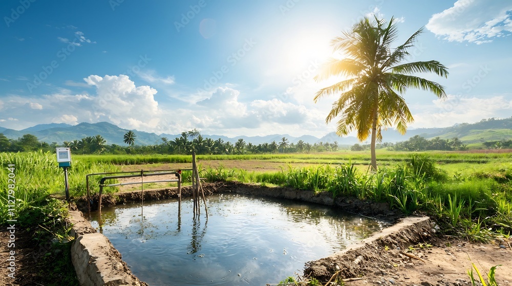 Aufkleber a tranquil rural fish pond equipped with advanced water monitoring devices linked to a digital netwo