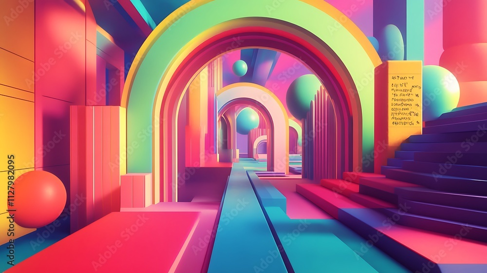Poster vibrant abstract 3d render of interlocking arches and geometric forms