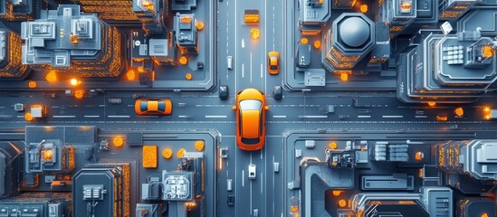 Aerial view of futuristic city with cars at intersection.