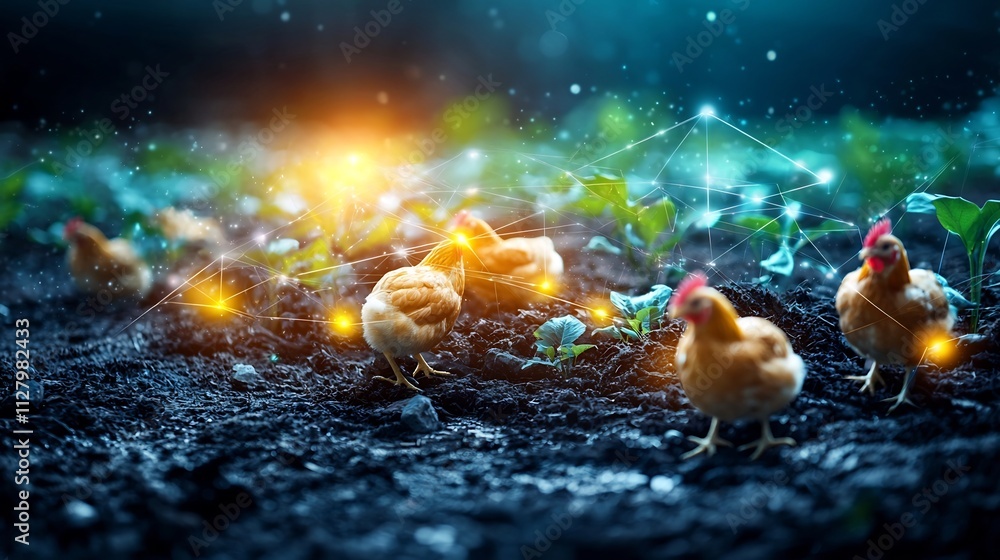 Poster a photograph of a futuristic chicken farm featuring automated feeding systems sensors and a connecte