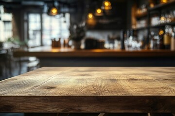 Rustic wooden table in a cozy bar setting.