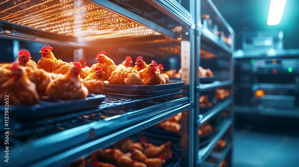 Aufkleber photograph of a futuristic chicken farm featuring automated feeding systems advanced sensors and a s