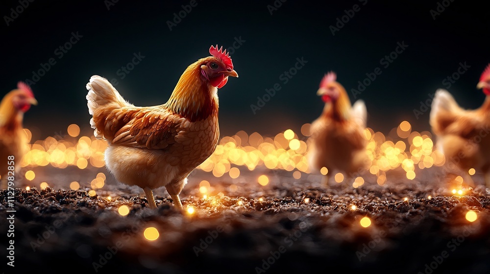 Poster photograph showcasing free range chickens grazing in a lush field with drones and iot enabled system