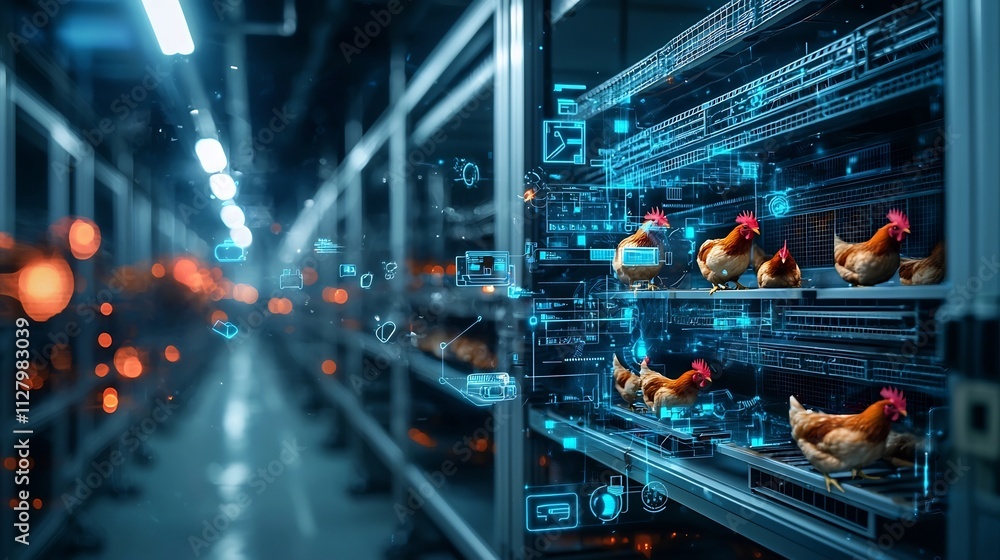 Poster a photograph of a futuristic indoor chicken coop featuring climate control and automated systems vis
