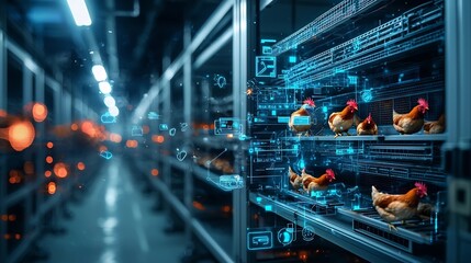 Fototapeta premium A photograph of a futuristic indoor chicken coop featuring climate control and automated systems visualized with digital network overlays and leaving copy space on the left side of the image