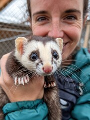 Joyful Woman Holding Adorable Ferret in Outdoor Setting