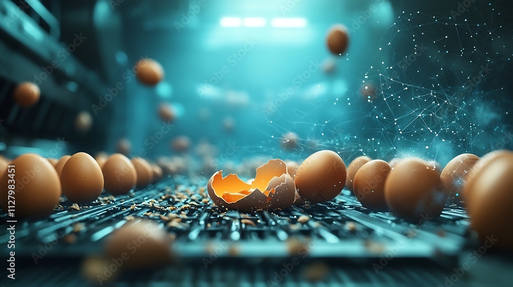 Poster futuristic egg production system with smart sensors and digital agricultural network advanced automa