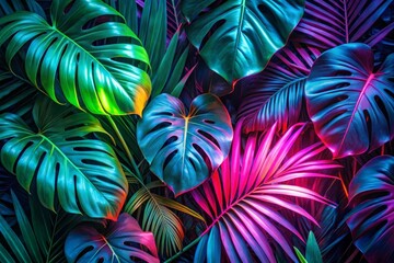 Monstera Deliciosa leaves in neon light Colorful tropical background Creative fluorescent color layout made of tropical leaves