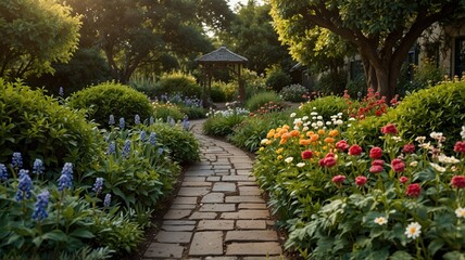 Evergreen garden pathway serene nature retreat floral pathway tranquil environment peaceful viewpoint refreshing concept