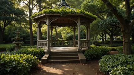 Fototapeta premium Evergreen gazebo in serene garden setting nature photography tranquil environment peaceful viewpoint