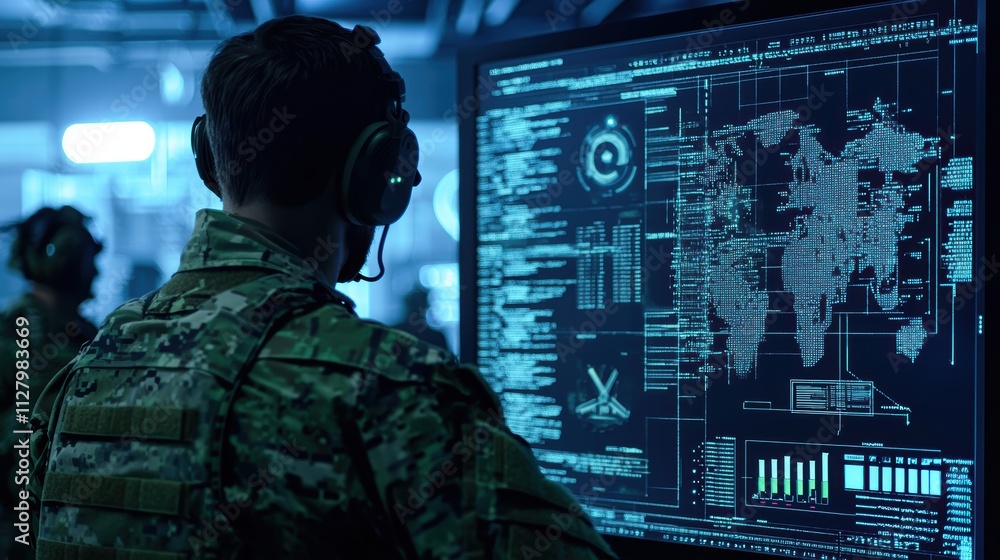 Poster military personnel analyzing data on high-tech security system