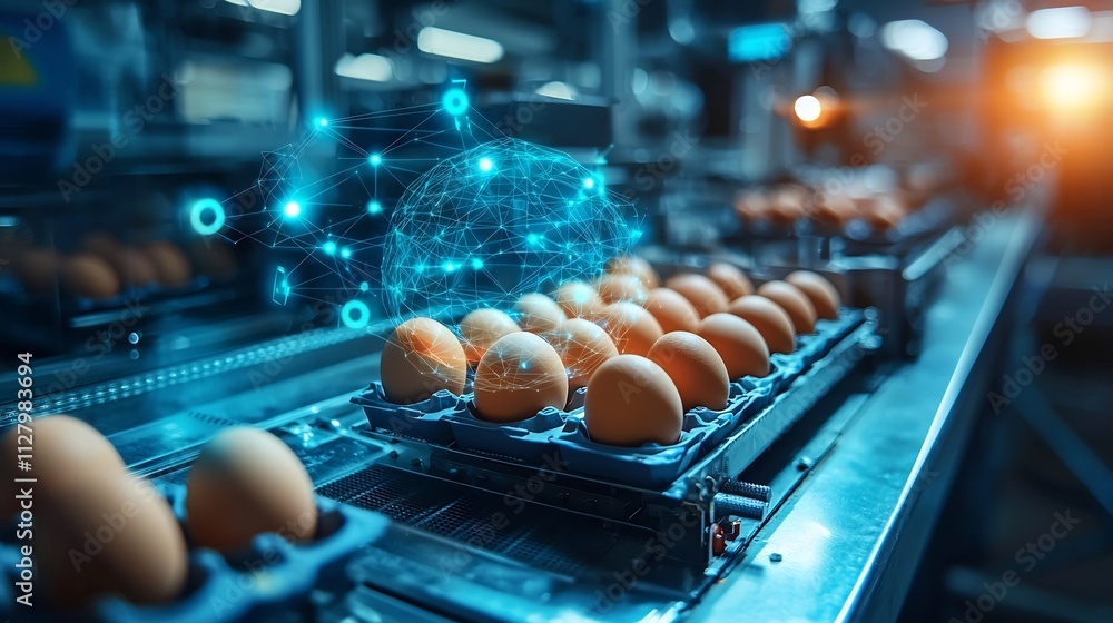 Poster photograph of futuristic egg production lines equipped with smart sensors connected to a digital agr