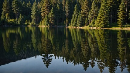 Fototapeta premium Evergreen reflections of nature serene lake surrounded by evergreen trees in a tranquil landscape environment
