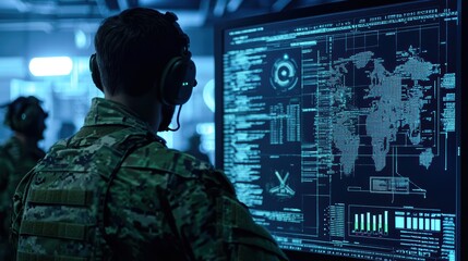 Military Personnel Analyzing Data on High-Tech Security System