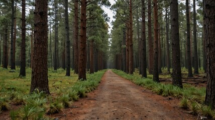 Obraz premium Evergreen forest trail adventure pine woods nature photography serene environment ground-level viewpoint for exploration