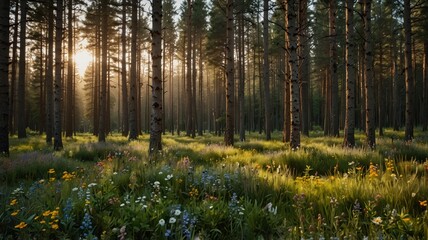 Evergreen forest sunrise nature scene landscape photography serene environment peaceful viewpoint tranquil concept