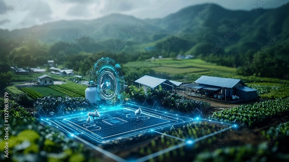 Poster automated chicken farm with smart farming network and copy space at the bottom of the photograph