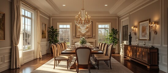 Fototapeta premium Sunlit formal dining room with chandelier, large table, and hardwood floors.