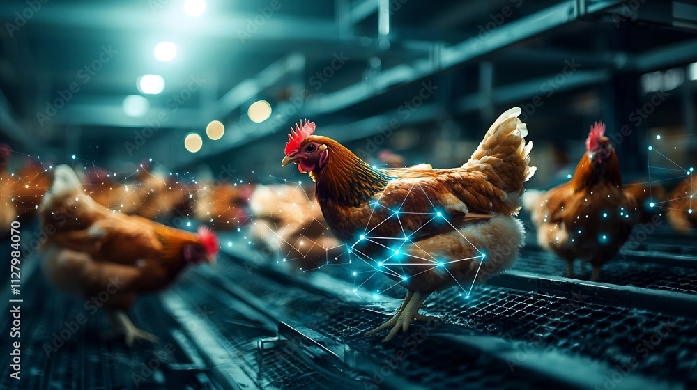 Poster a high tech poultry facility showcasing interconnected systems for climate control health monitoring