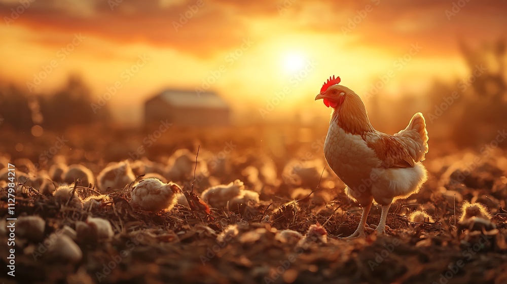 Poster a photograph of a futuristic chicken farm at sunset with sensors and robotic systems integrated into