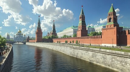 Fototapeta premium Moscow Kremlin, river, towers, wall, sunny day.