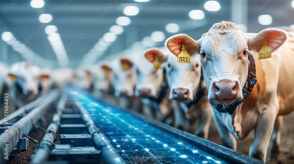 Poster a photograph of a futuristic dairy farm with advanced robotic milking systems and cows wearing smart