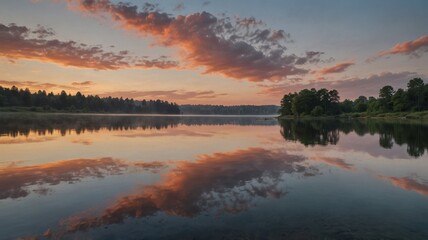 Fototapeta premium Serene sunset reflection over evergreen lake nature landscape photography tranquil environment scenic viewpoint