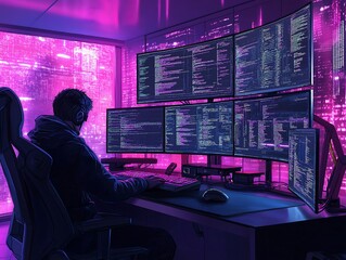 Cyberpunk Gamer's Neon-Lit Coding Sanctuary: Multi-Monitor Setup