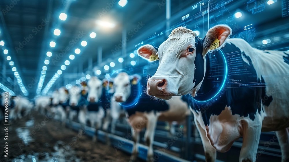 Poster a futuristic dairy farm with robotic milking systems and cows wearing smart collars connected to an 