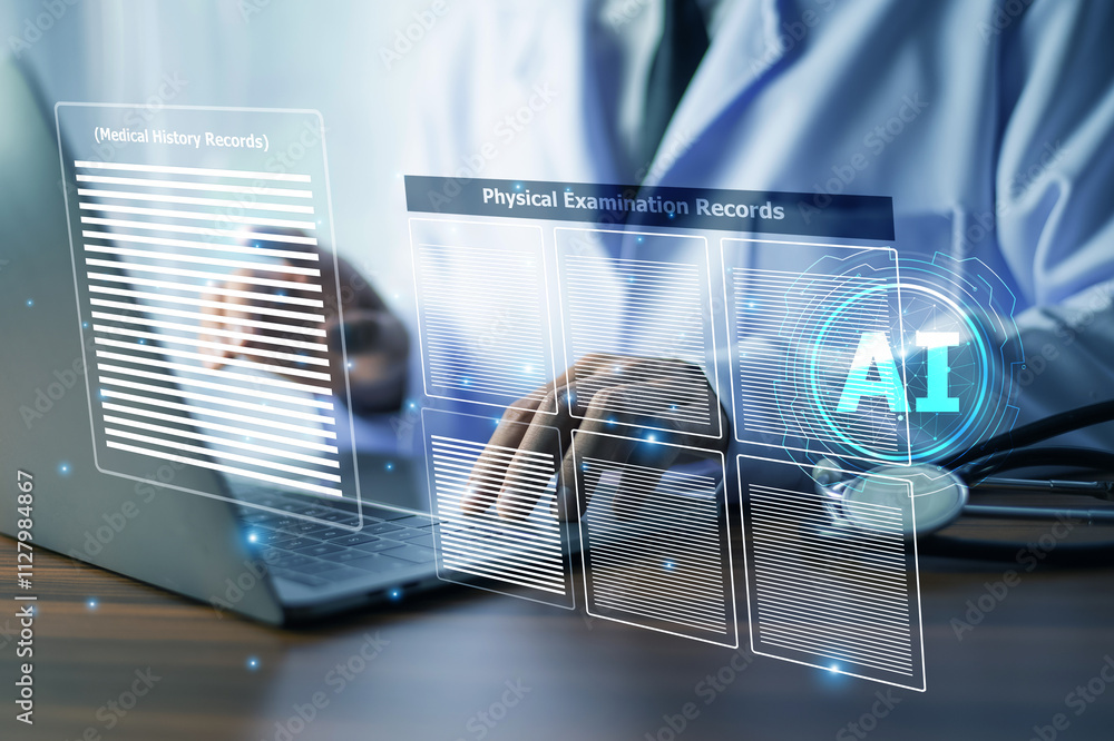 Poster doctor using ai technology to analyze patient records and improve healthcare efficiency.healthcare p