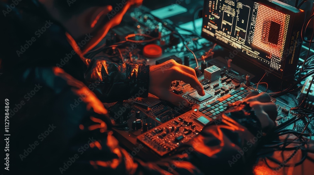 Poster person working on electronic circuits with computer screen display