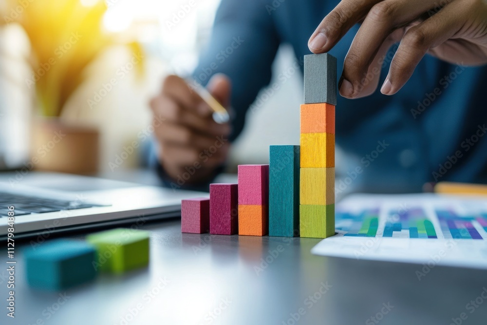 Poster person building colorful block chart, showing growth and success.