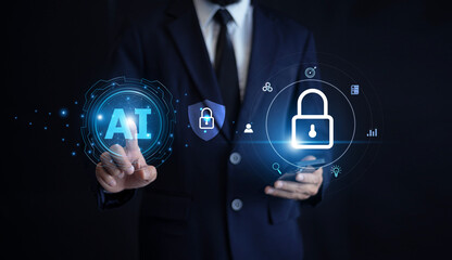 Businessman utilizing AI algorithms to protect privacy and manage data security efficiently. AI...